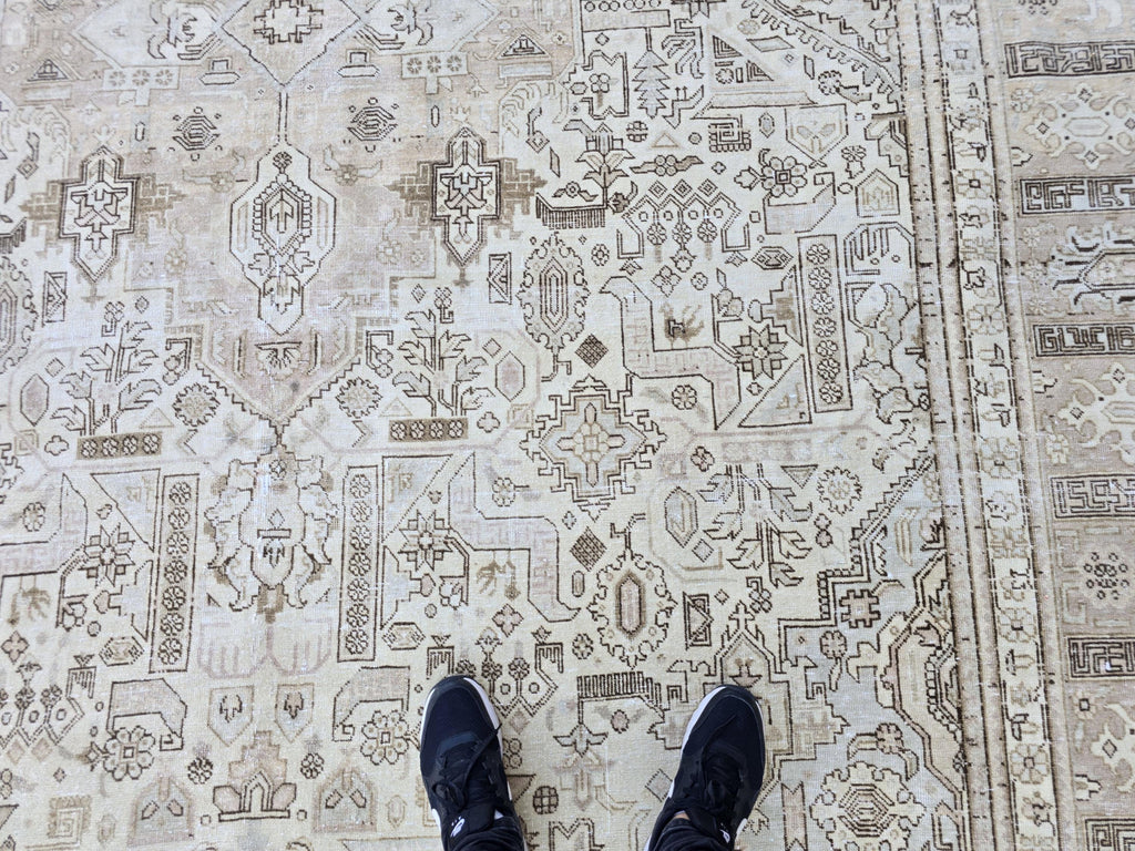 Turkish Rug 10x12, Faded Neutral Tribal Area Rug, Distressed Vintage Wool Carpet, Beige All Over Geometric, Boho Living Room