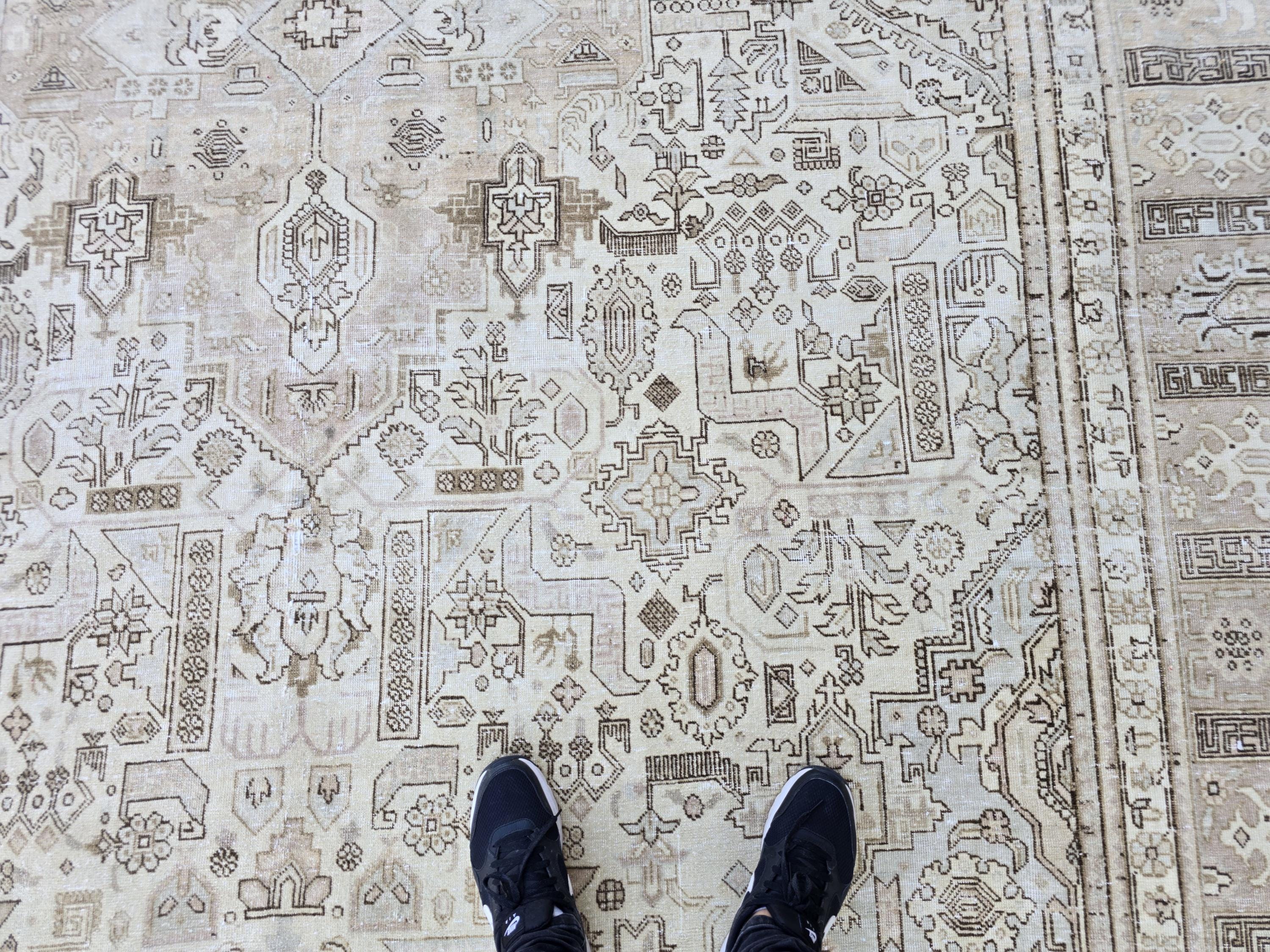 Turkish Rug 10x12, Faded Neutral Tribal Area Rug, Distressed Vintage Wool Carpet, Beige All Over Geometric, Boho Living Room