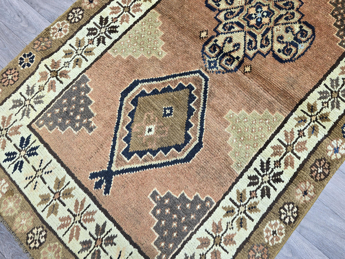 Vintage Turkish Runner Rug: 3x10 Brown Wool Hallway Oushak Rug