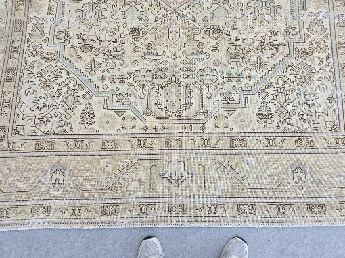 Oushak Rug 8x11, Neutral Vintage Turkish Rug, Beige Wool Area Rug for Living Room, Muted Medallion Rug, Boho Bedroom and Office Decor