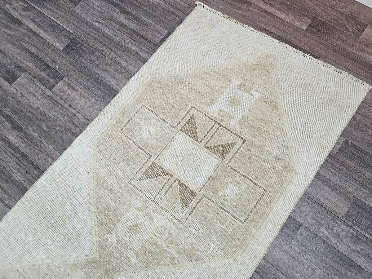 Vintage Turkish Oushak Wool Runner Rug: Neutral Faded Hallway Aisle Rug