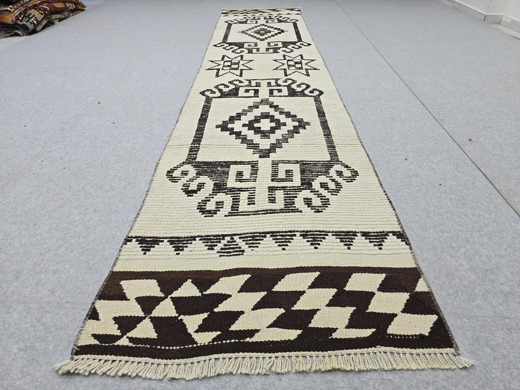 Vintage Rug Runner 2x11, Ivory Black Tribal Hand Knotted Wool Hallway Runner, Anatolian Geometric Boho Stair Runner