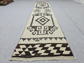 Vintage Rug Runner 2x11, Ivory Black Tribal Hand Knotted Wool Hallway Runner, Anatolian Geometric Boho Stair Runner