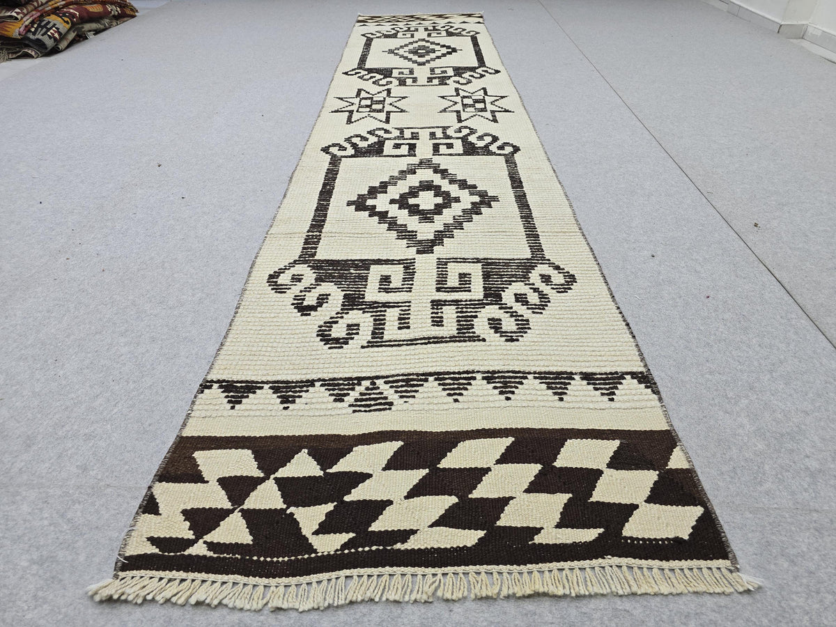 Vintage Rug Runner 2x11, Ivory Black Tribal Hand Knotted Wool Hallway Runner, Anatolian Geometric Boho Stair Runner