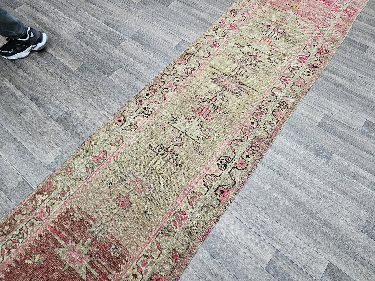 Vintage Turkish Wool Runner Rug: 3x12 Pastel Tribal Hallway Rug