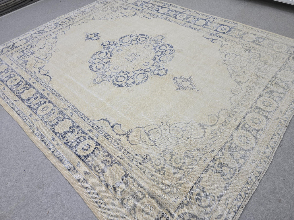 8x10 Faded Oushak Wool Area Rug Handmade Vintage Turkish Beige Blue Oriental Carpet