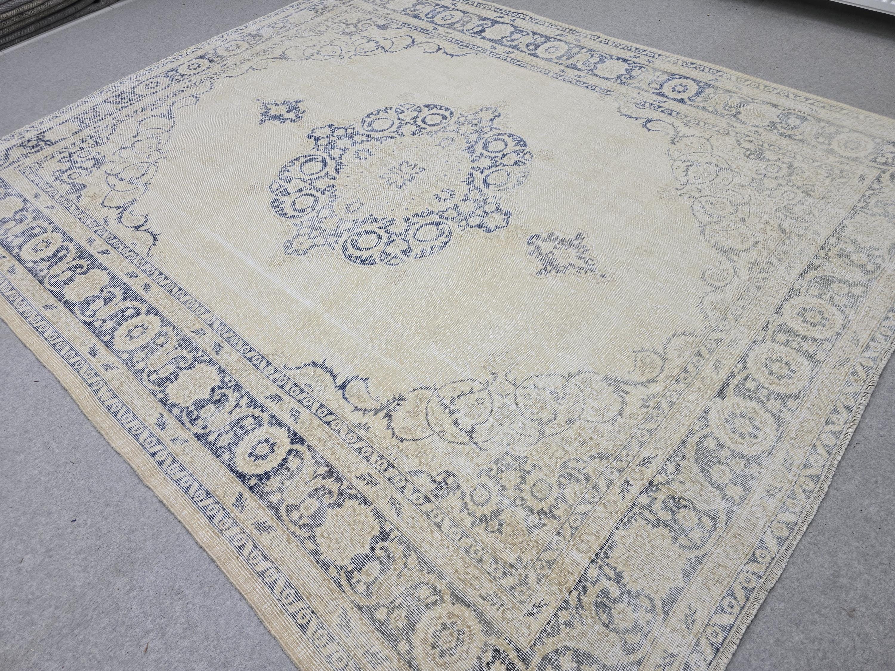 8x10 Faded Oushak Wool Area Rug Handmade Vintage Turkish Beige Blue Oriental Carpet