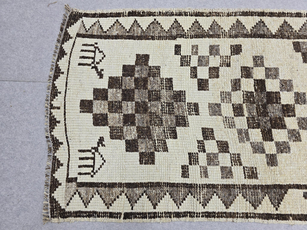 Vintage Rug Runner 3x11 | Neutral Cream Brown Tribal Hallway Carpet | Hand Knotted Wool Turkish Runner