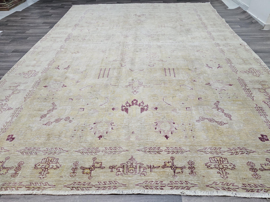 Hand Knotted 9x12 Wool Heriz Rug: Neutral Beige Brown Anatolian Carpet