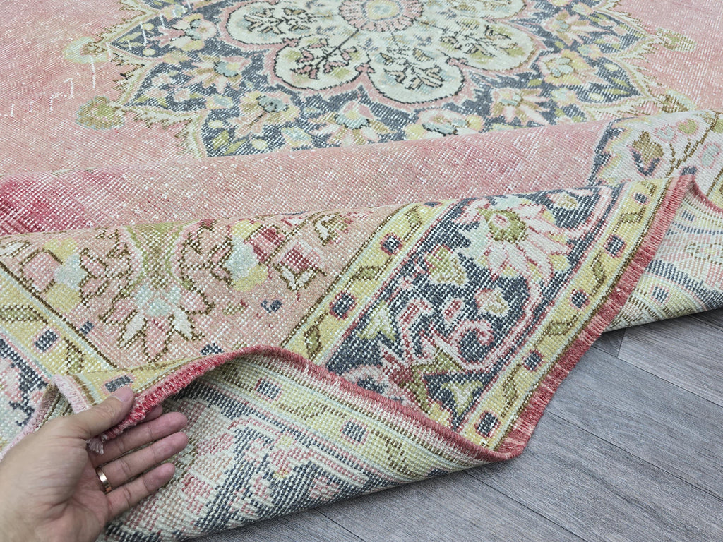 Vintage Turkish Oushak Rug: 7x11 Pink Floral Wool Carpet