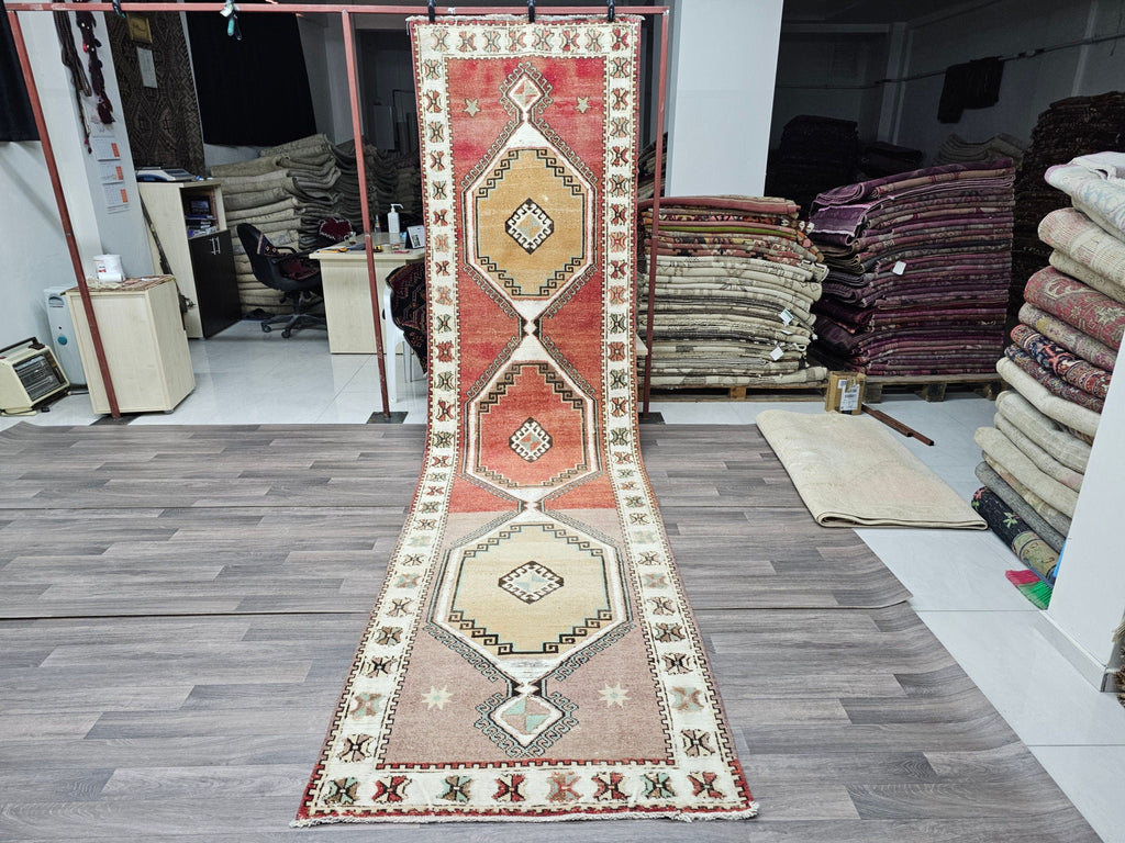 4x14 Vintage Turkish Runner Rug: Handmade Wool Oushak Carpet