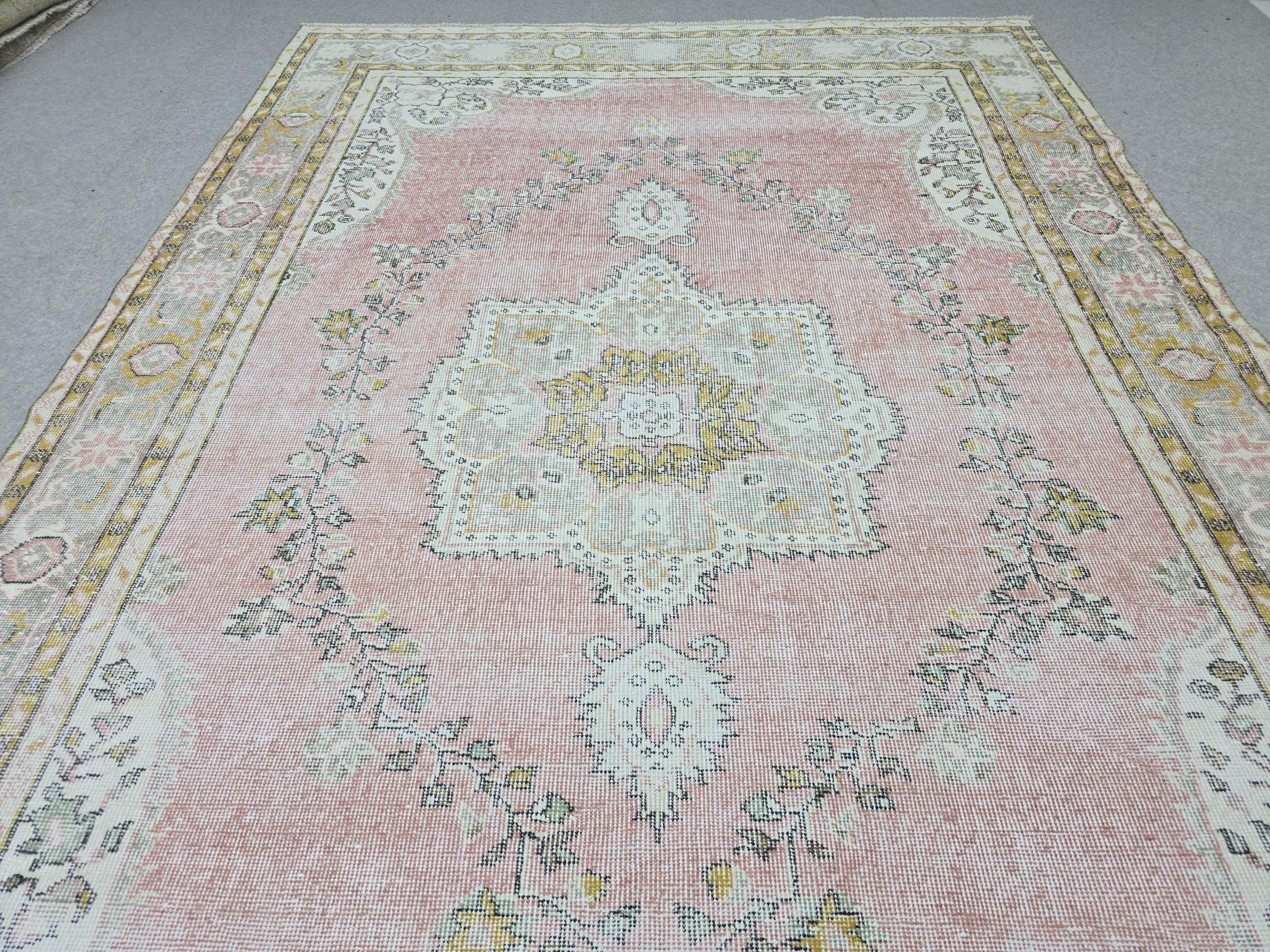 Muted Pink Vintage Oushak Rug 6'5"x9'8" | Neutral Turkish Area Rug Faded Boho Living Room