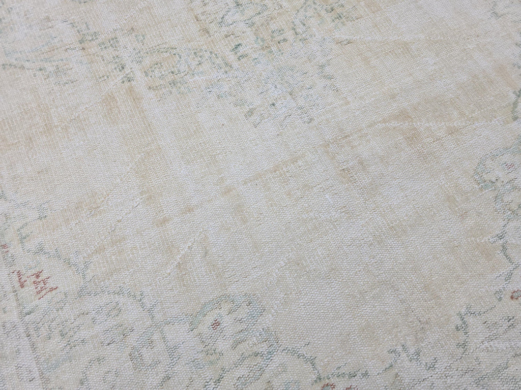 Vintage Oushak Rug 6x9: Hand-Knotted Turkish Wool Rug, Cream & Mint