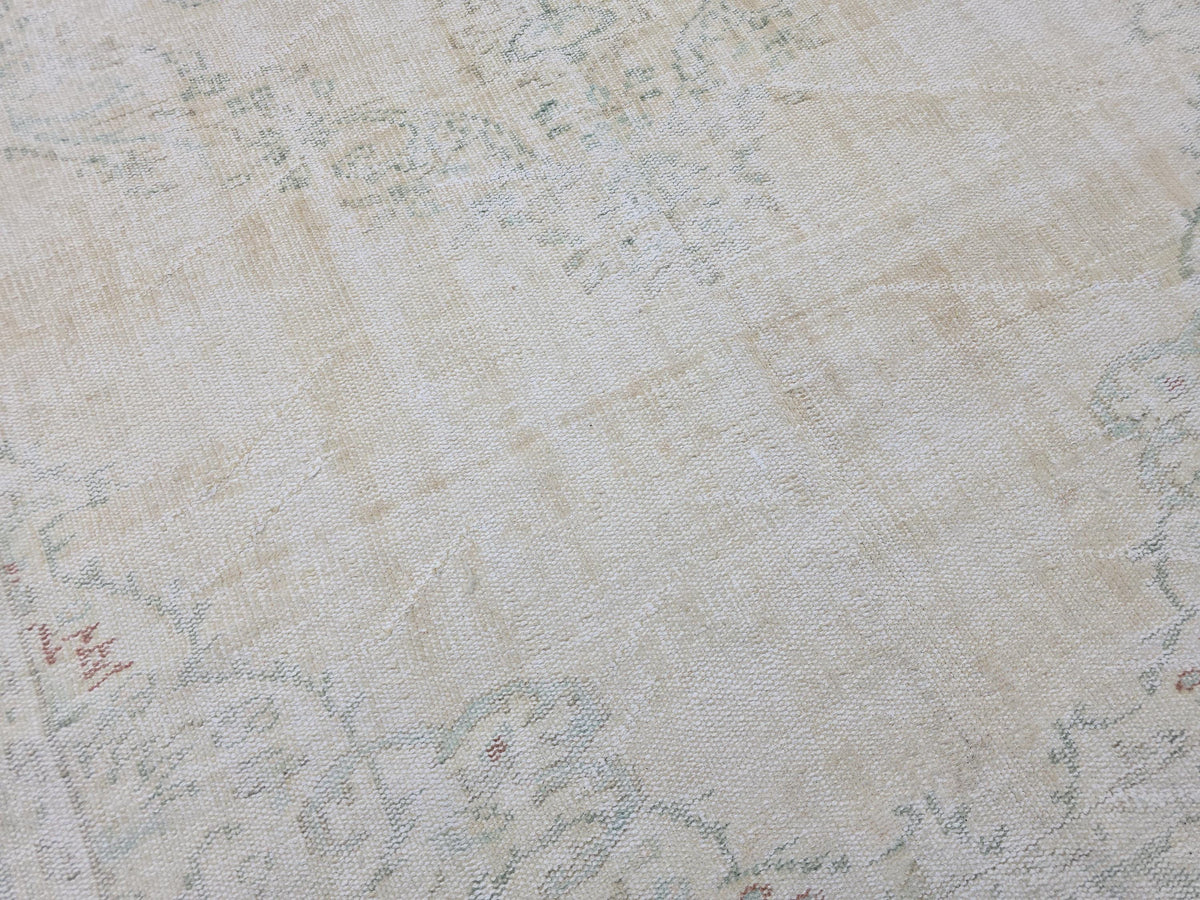 Vintage Oushak Rug 6x9: Hand-Knotted Turkish Wool Rug, Cream & Mint