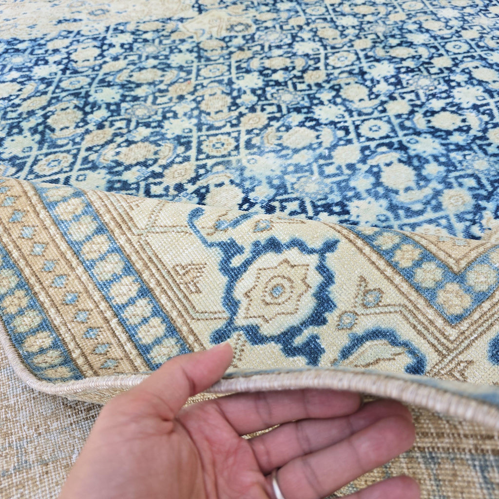Wool 9x12 Oushak Rug -  Hand Knotted Wool Turkish Area Carpet Geometric Beige Blue