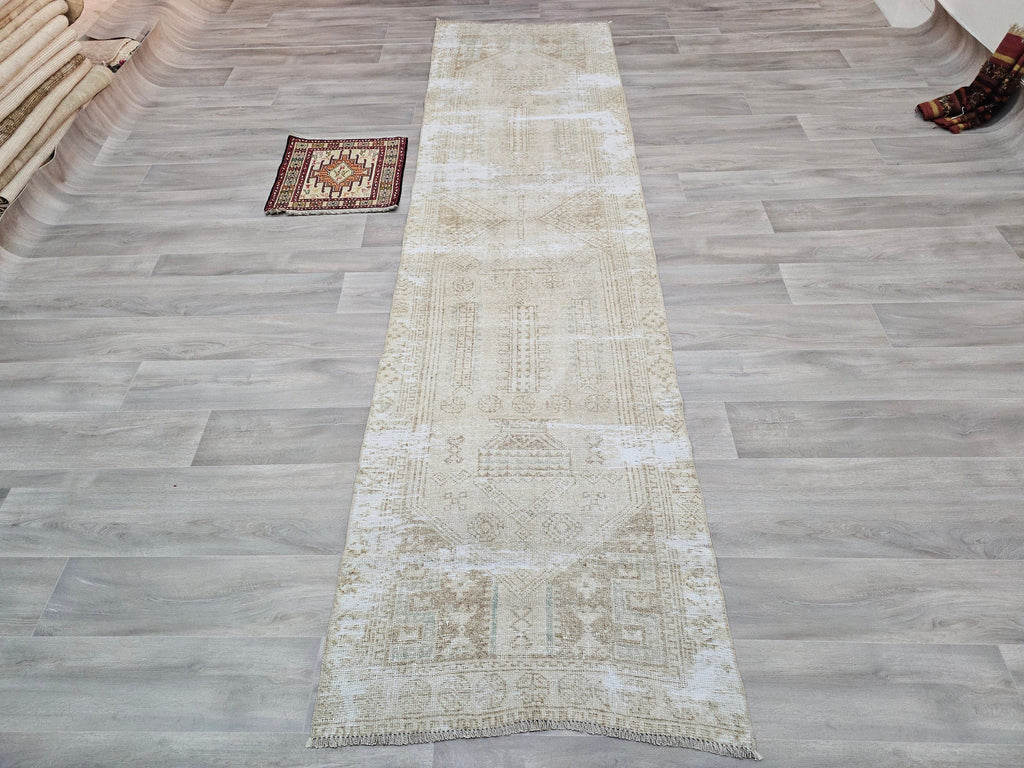 Hand Knotted Wool Runner Rug: Neutral Beige Turkish Oushak, 3x11