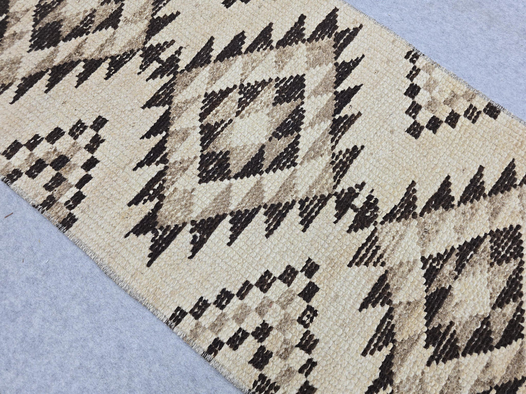 Oushak Runner 2x14, Hand Knotted Vintage Wool Extra Long Hallway Runner rug, Cream Brown Diamond Tribal Anatolian Runner, Boho runner