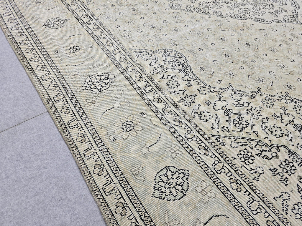 10x12 Vintage Rug | Cream Ivory Tabriz Style Hand Knotted Wool Rug | Neutral Beige Turkish Carpet 9x12