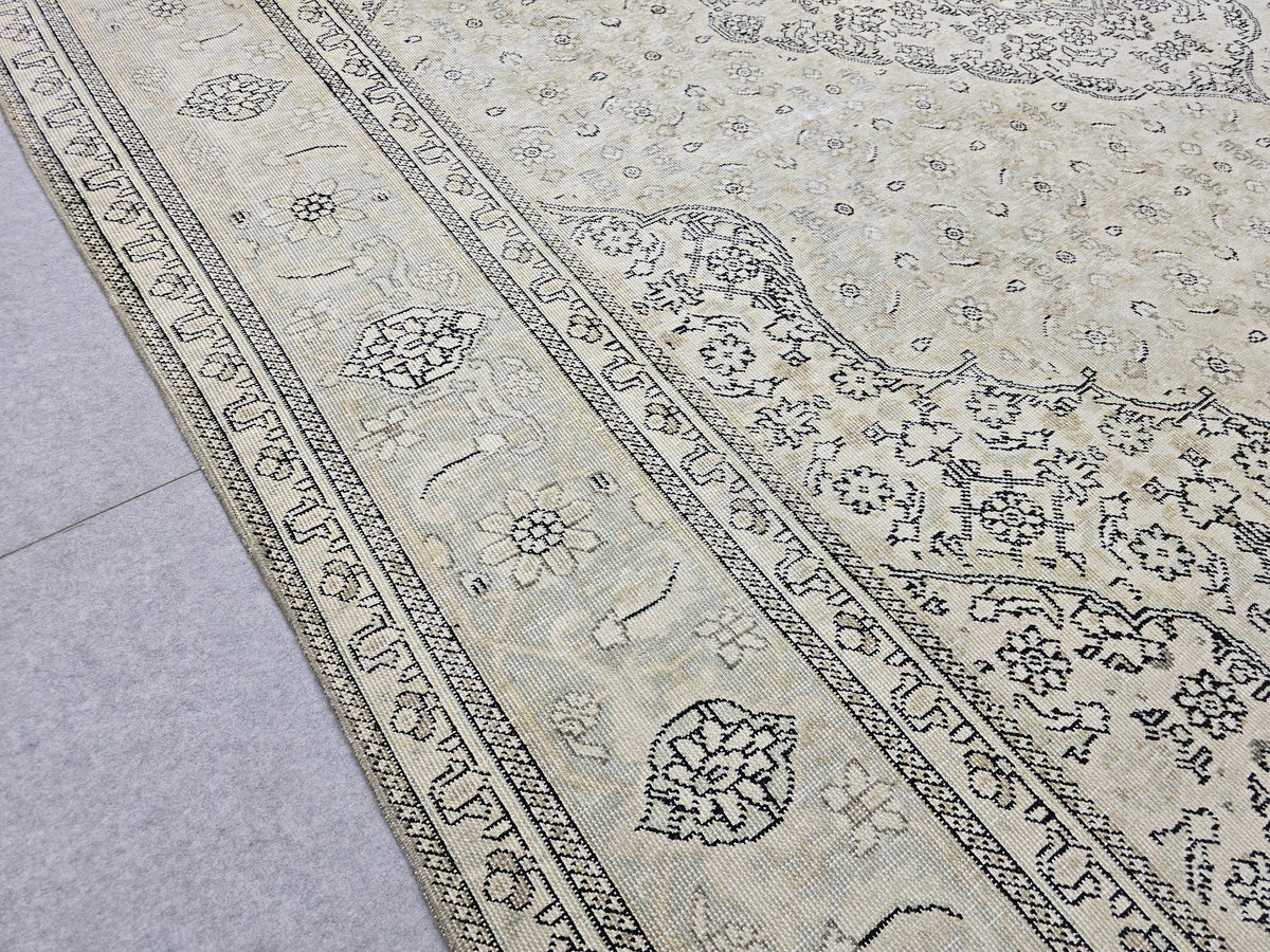 10x12 Vintage Rug | Cream Ivory Tabriz Style Hand Knotted Wool Rug | Neutral Beige Turkish Carpet 9x12