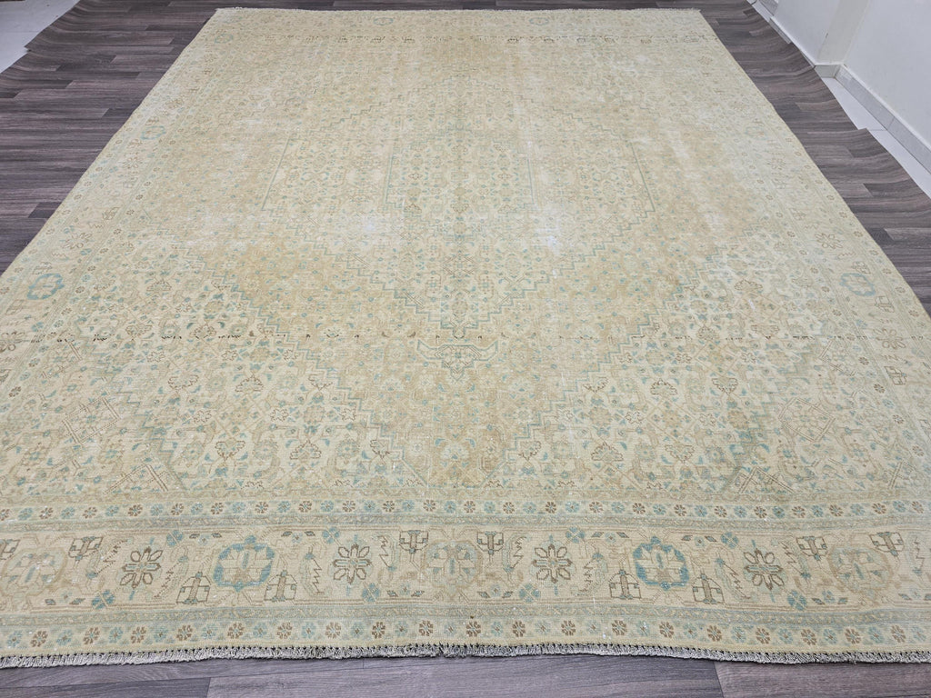 10x12 Muted Vintage Oushak Area  Rug Geometric Cream Beige Sage Green Brown