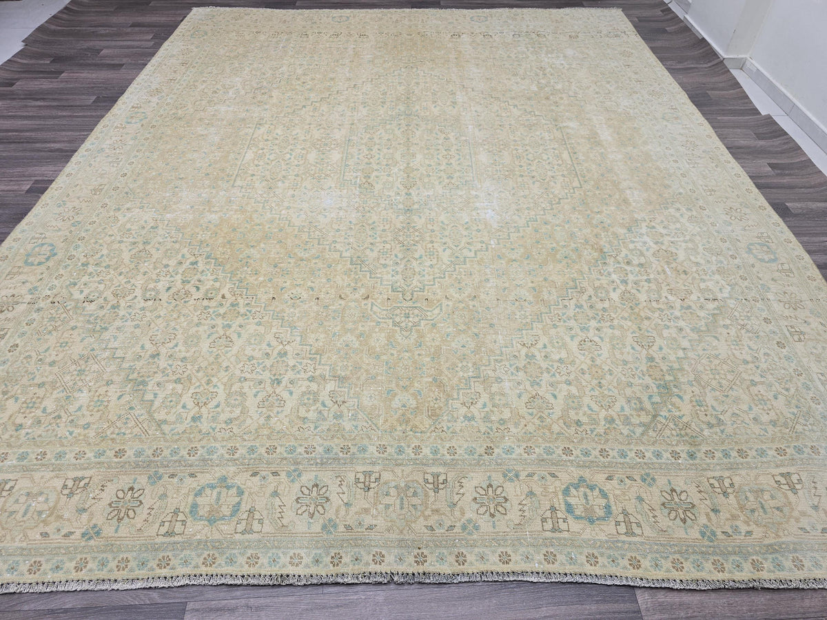10x12 Muted Vintage Oushak Area  Rug Geometric Cream Beige Sage Green Brown