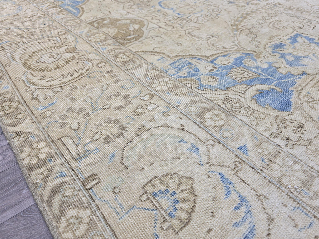Oversized Vintage Turkish Rug 9x12: Hand-Knotted Distressed Beige Blue Rug