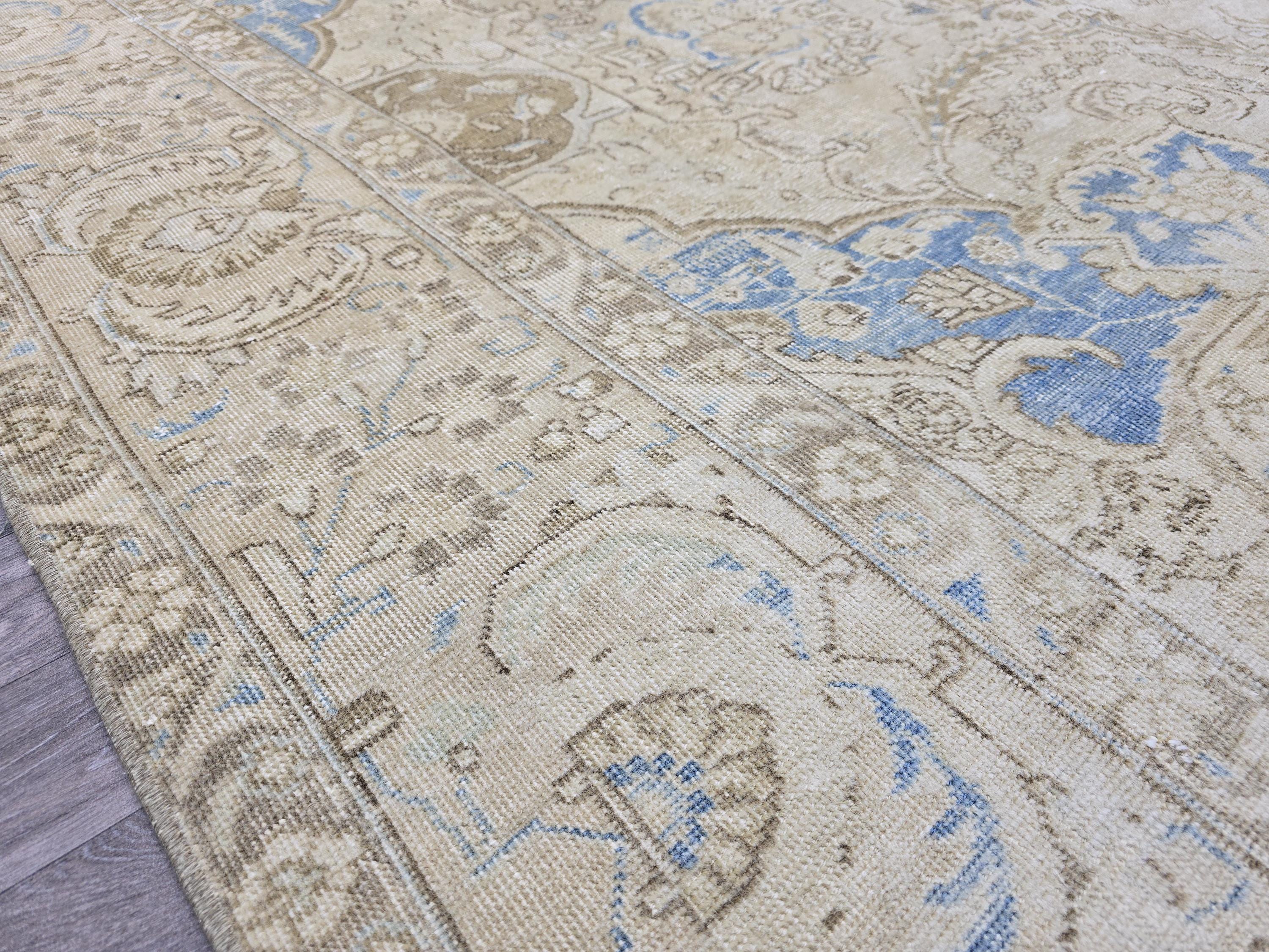 Oversized Vintage Turkish Rug 9x12: Hand-Knotted Distressed Beige Blue Rug