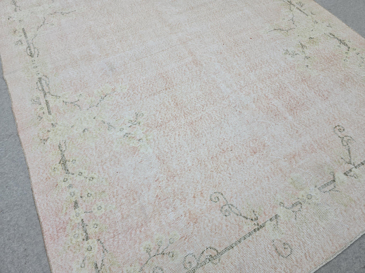 Oushak Rug 7x10, Faded Blush Pink Hand Knotted Turkish Area Rug, Muted Neutral Wool Carpet, Boho Bedroom Living Room Farmhouse Decor