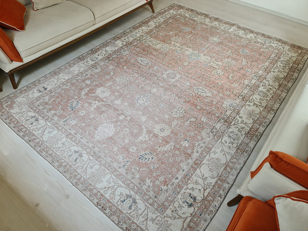 Hand Knotted Oushak Turkish Rug: 6.8 x 9.9 ft, Organic Wool