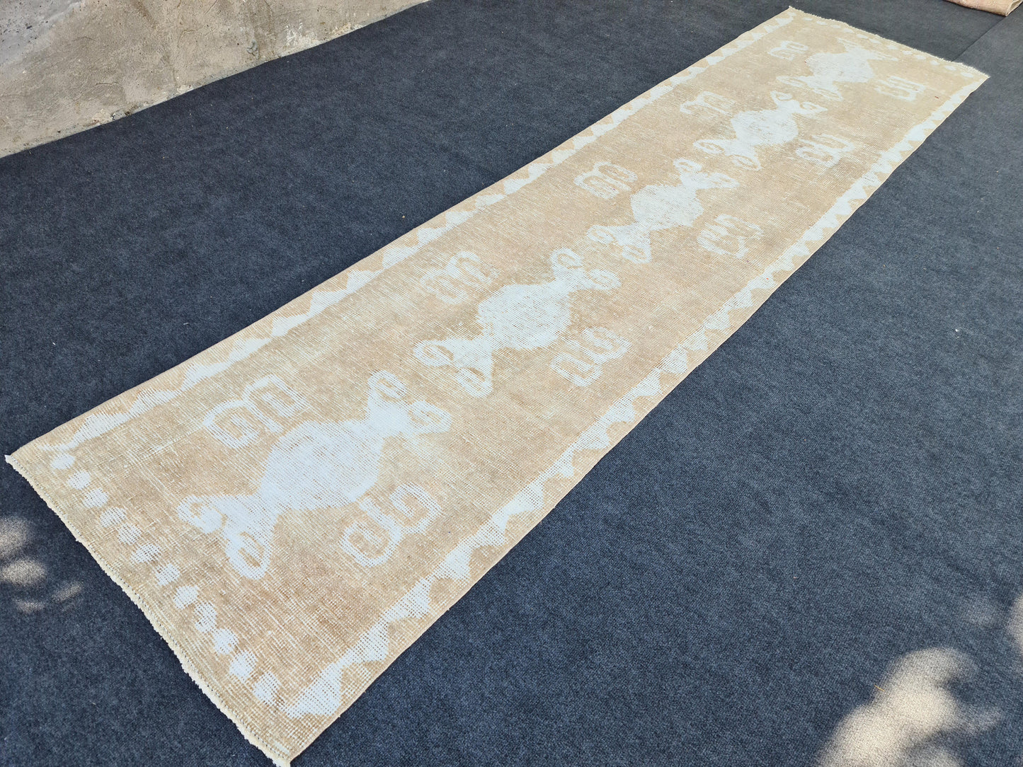 3x11.8 feet Neutral Runner Rug/ Distressed Wool Runner/ Vintage Oushak Runner/ Handmade Rug Runner