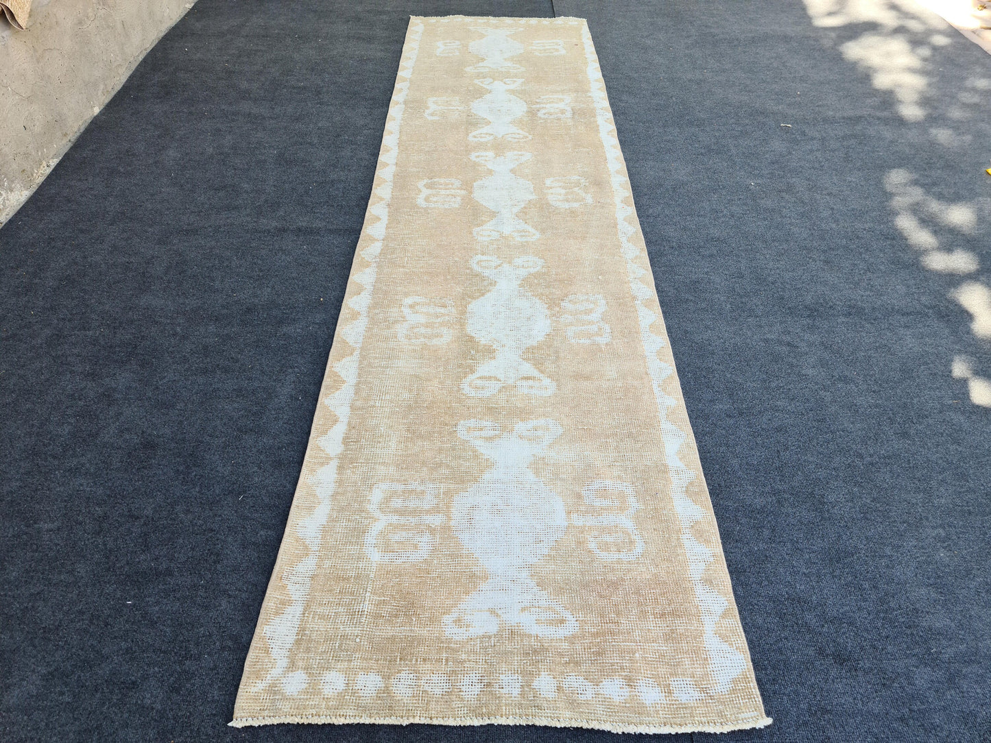 3x11.8 feet Neutral Runner Rug/ Distressed Wool Runner/ Vintage Oushak Runner/ Handmade Rug Runner