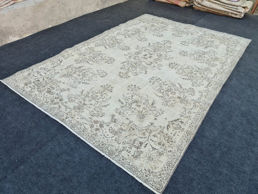 Cream Turkish Area Rug/ 7x10.55 feet/ Oushak Rug for Minimalist Decor/ Natural Wool Rug/ Vintage Office Rug/ Farmhouse Rug/ Boho Carpet