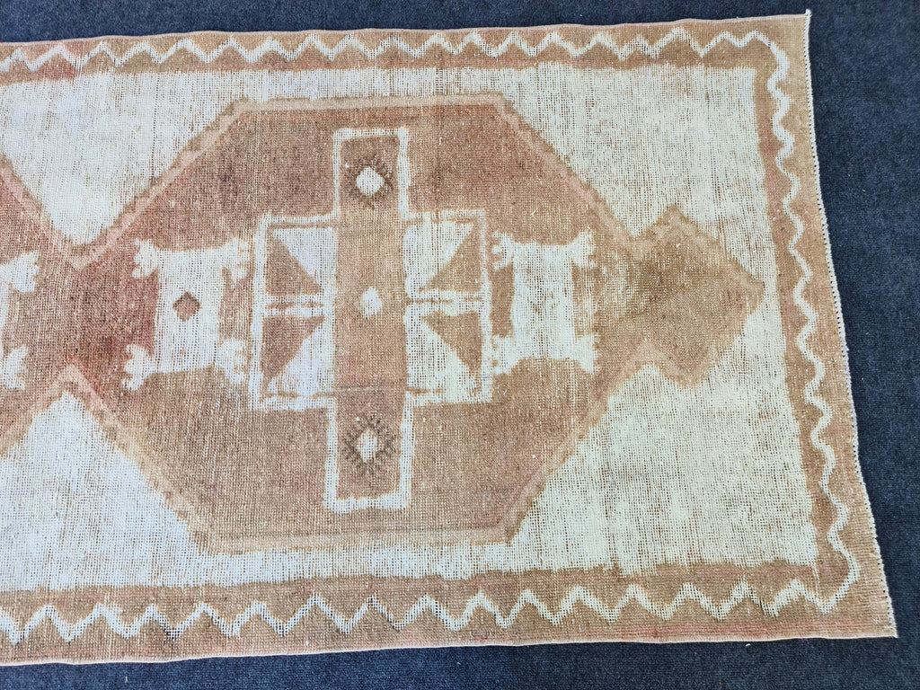 Hand Knotted Wool Oushak Runner: 4x12 Vintage Turkish Rug