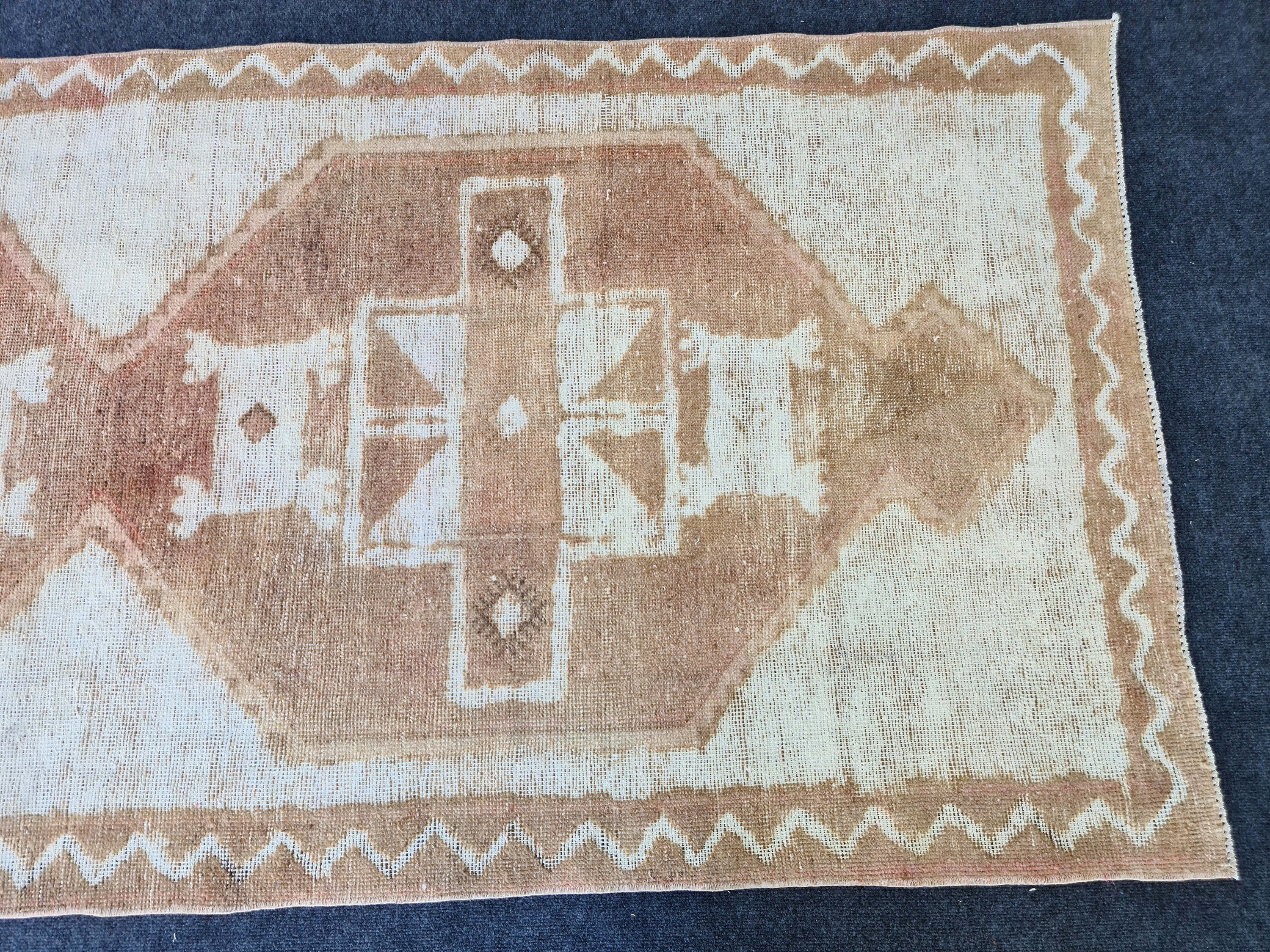 Hand Knotted Wool Oushak Runner: 4x12 Vintage Turkish Rug