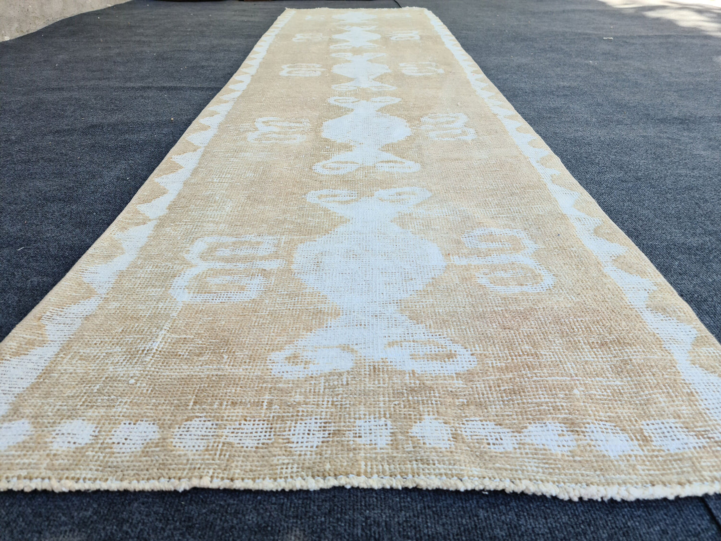 3x11.8 feet Neutral Runner Rug/ Distressed Wool Runner/ Vintage Oushak Runner/ Handmade Rug Runner