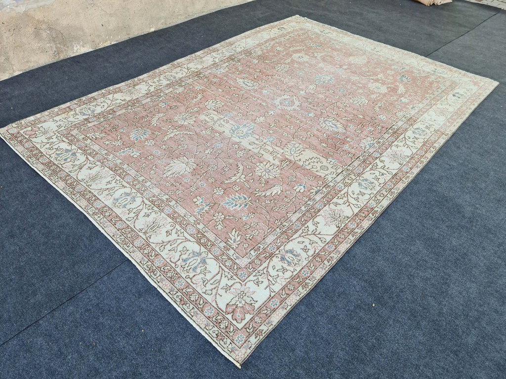 Muted Oushak Rug: 6.85x9.85 ft, Handmade Vintage Turkish Wool Carpet