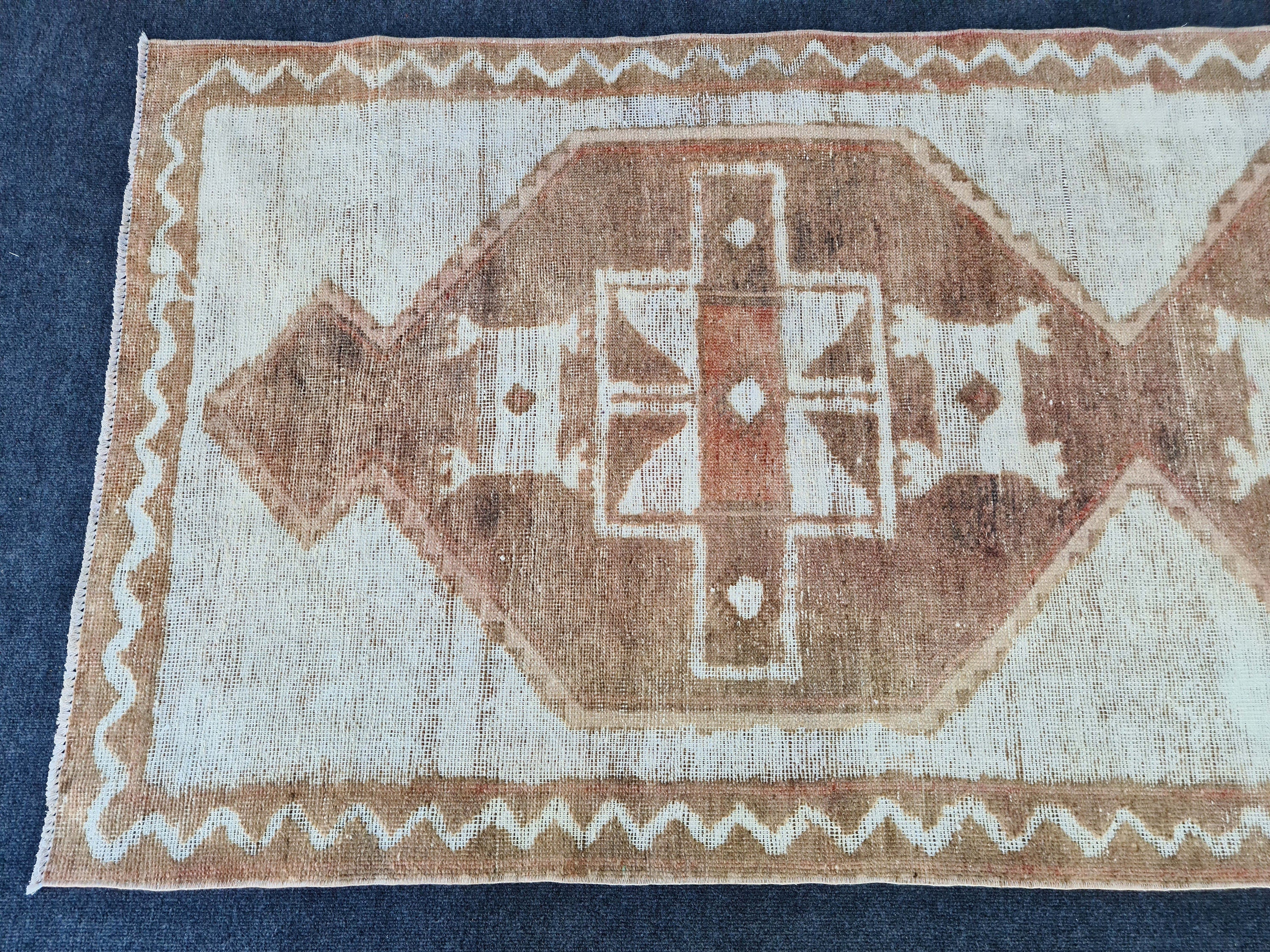 Hand Knotted Wool Oushak Runner: 4x12 Vintage Turkish Rug
