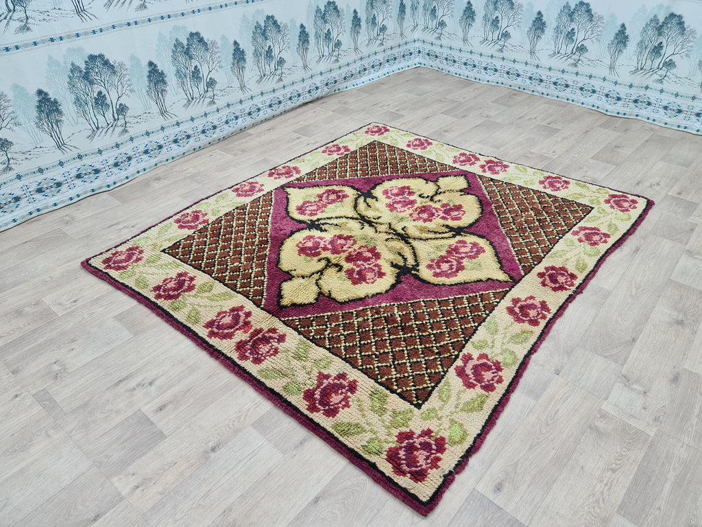 Hand Knotted Wool Oushak Rug: Vintage Turkish High Pile Carpet (6.3x7.25 ft)