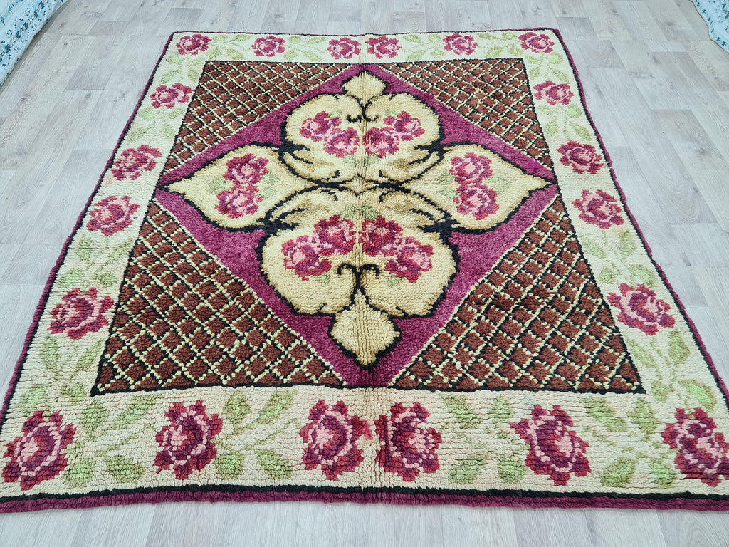 Hand Knotted Wool Oushak Rug: Vintage Turkish High Pile Carpet (6.3x7.25 ft)