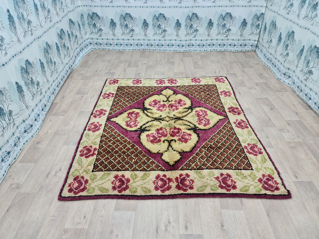 Hand Knotted Wool Oushak Rug: Vintage Turkish High Pile Carpet (6.3x7.25 ft)