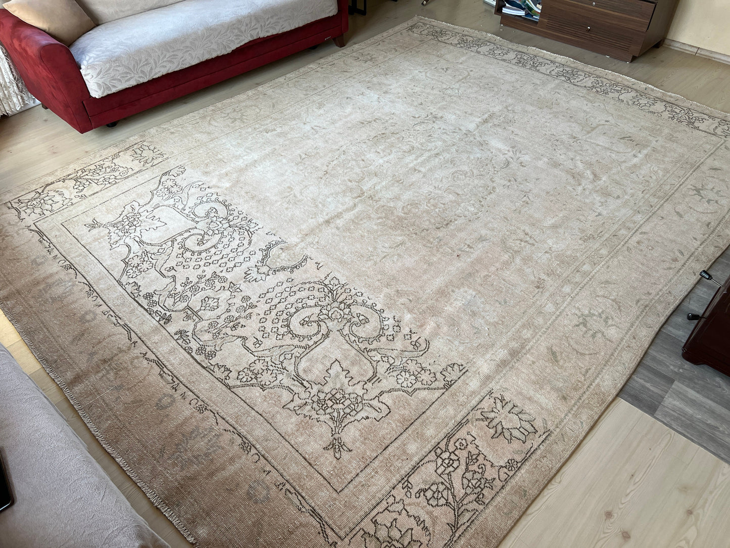 9x12 Distressed Neutral Antique Wool Turkish Rug  //9.30x12.40 feet