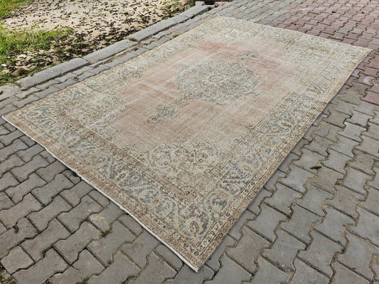 7x11 Vintage Turkish Area Rug Pink and Sage Green - Hand Knotted Wool Oushak Rug /7x10.70 feet