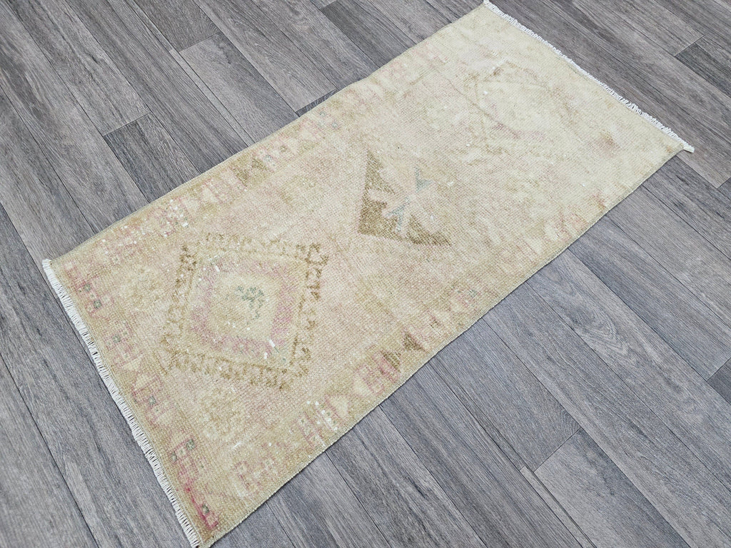 Handwoven Turkish Wool Rug: Faded Green Vintage Bath Mat (20x40 in)