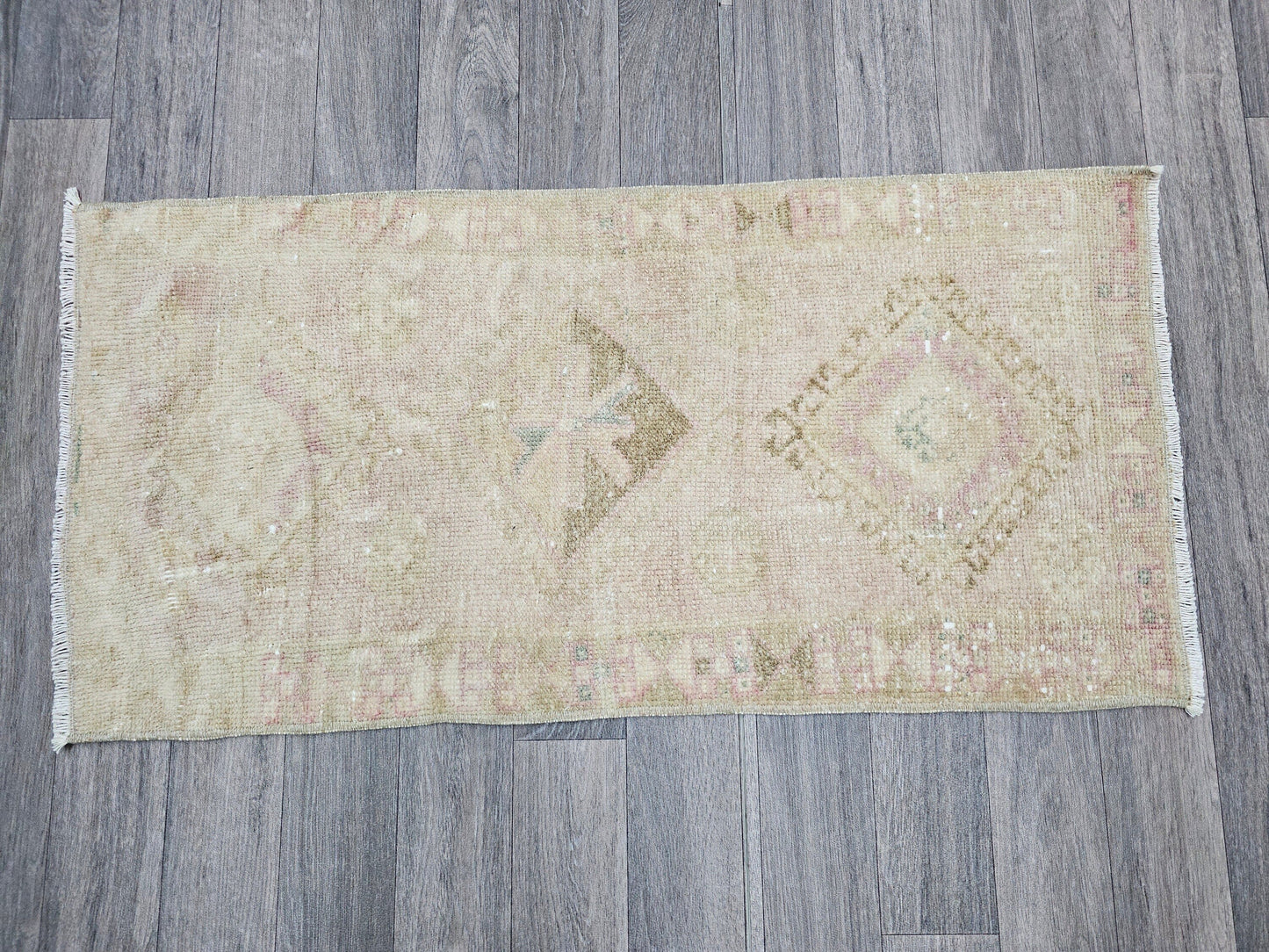 20x40 inches Neutral Vintage Door Mat - Mini Turkish Rug, Handwoven Bath Mat, Faded Green Wool,  Unique Rustic Accent Door mat