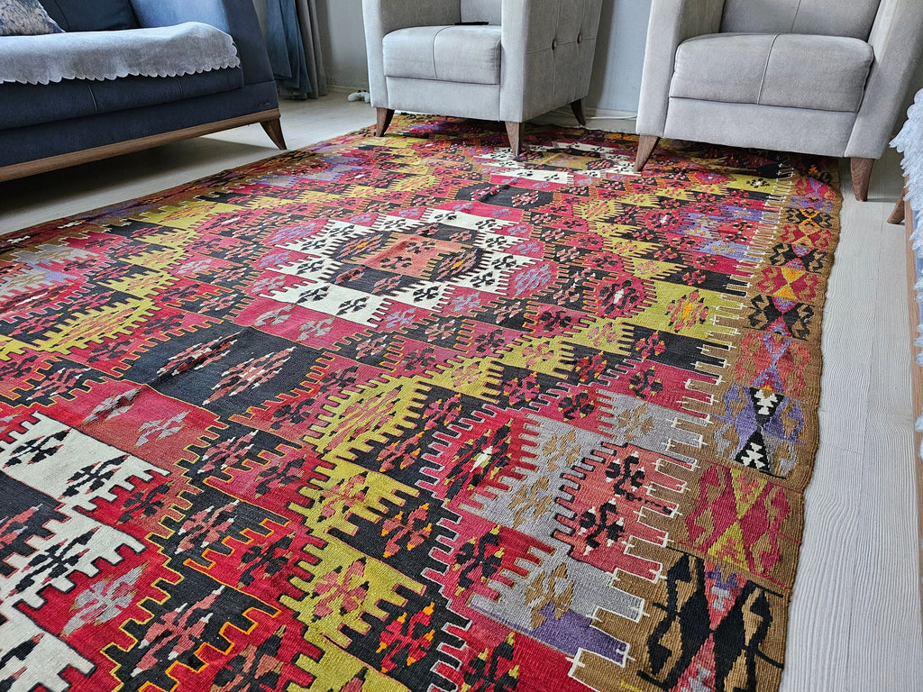 Vintage Hand-Knotted Wool Kilim Rug: Authentic Turkish Oushak, 6.55x16.20 ft