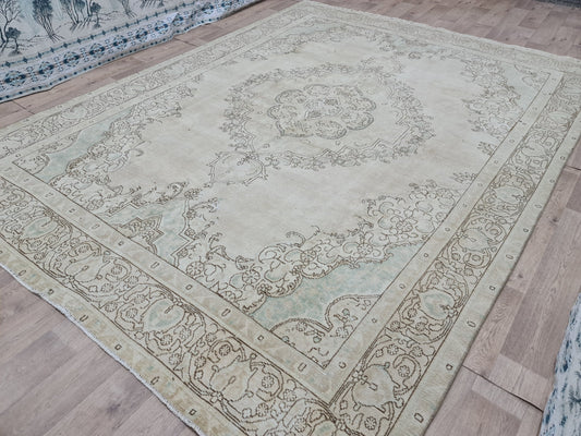 Reserved - Hand Knotted Vintage Area Rug 9x11/ Oversize Anatolian Rug/ 9x11 Turkish Wool Rug/ Oriental Carpet / Beige Tan Sage Green Brown