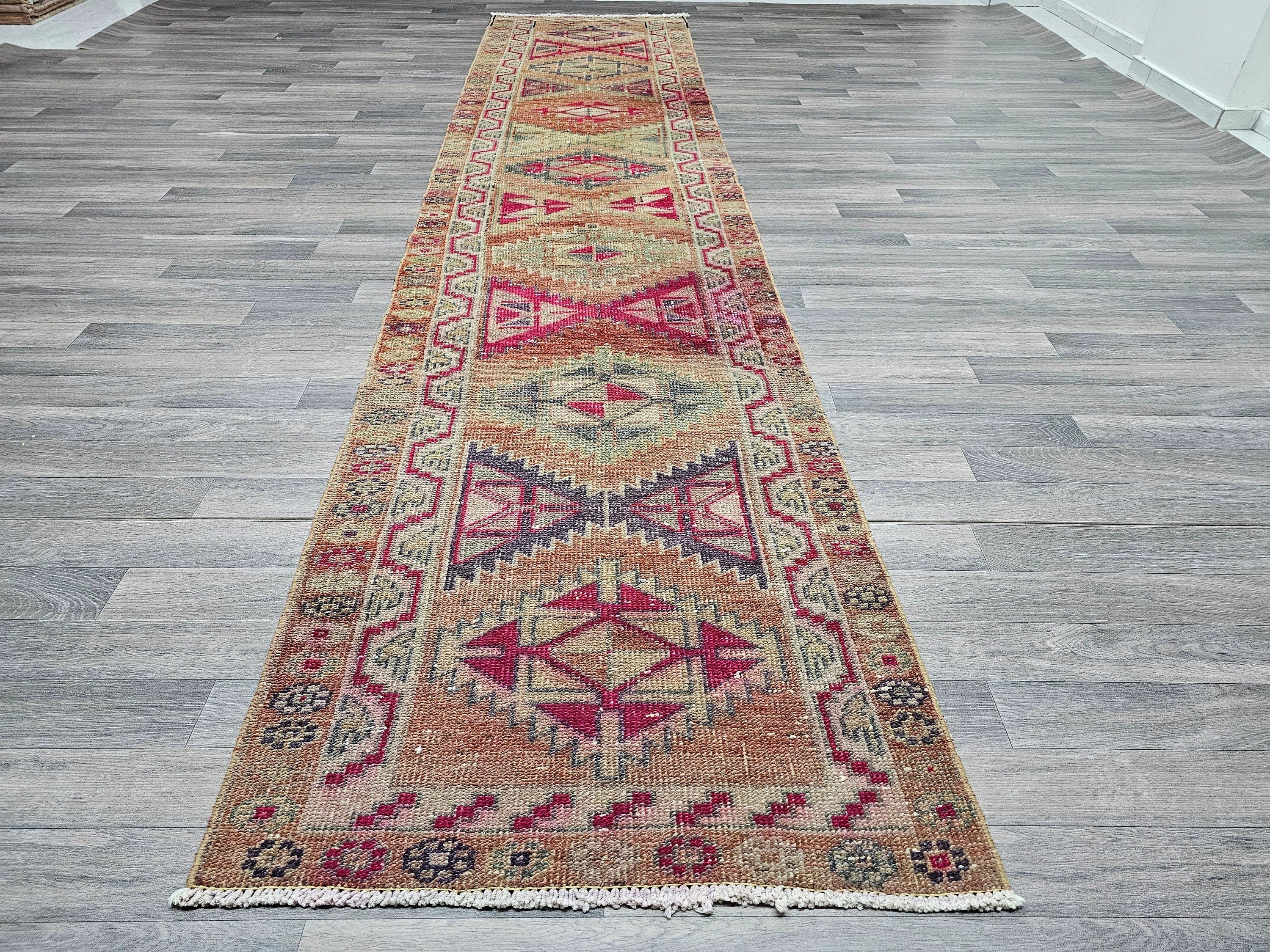 Vintage Herki Wool Runner Rug: 3x13 Rustic Hallway Decor