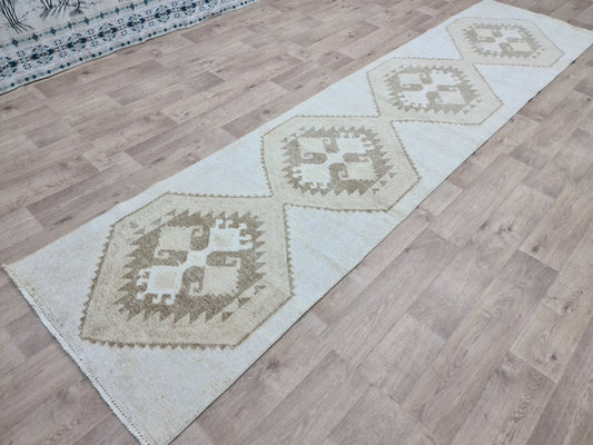 3x13 Neutral Vintage Turkish Runner Rug/ Handmade Wool Oushak Runner for Kitchen and Hallway/ Boho Runner Rug/ Carpet Runner/ Faded Runner