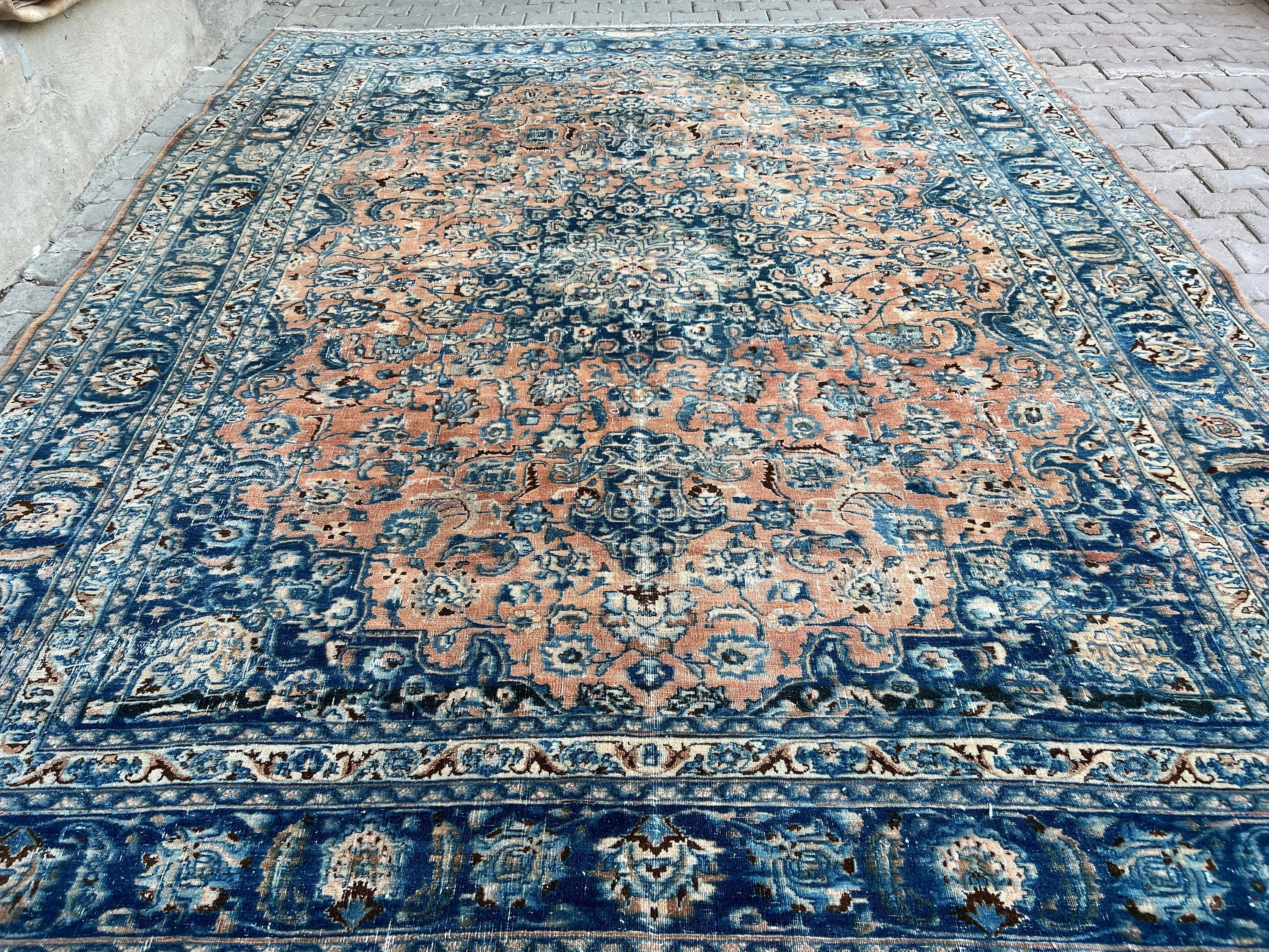 Large Vintage Oushak Rug: 9.60x12.20 ft, Hand-Knotted Wool Carpet