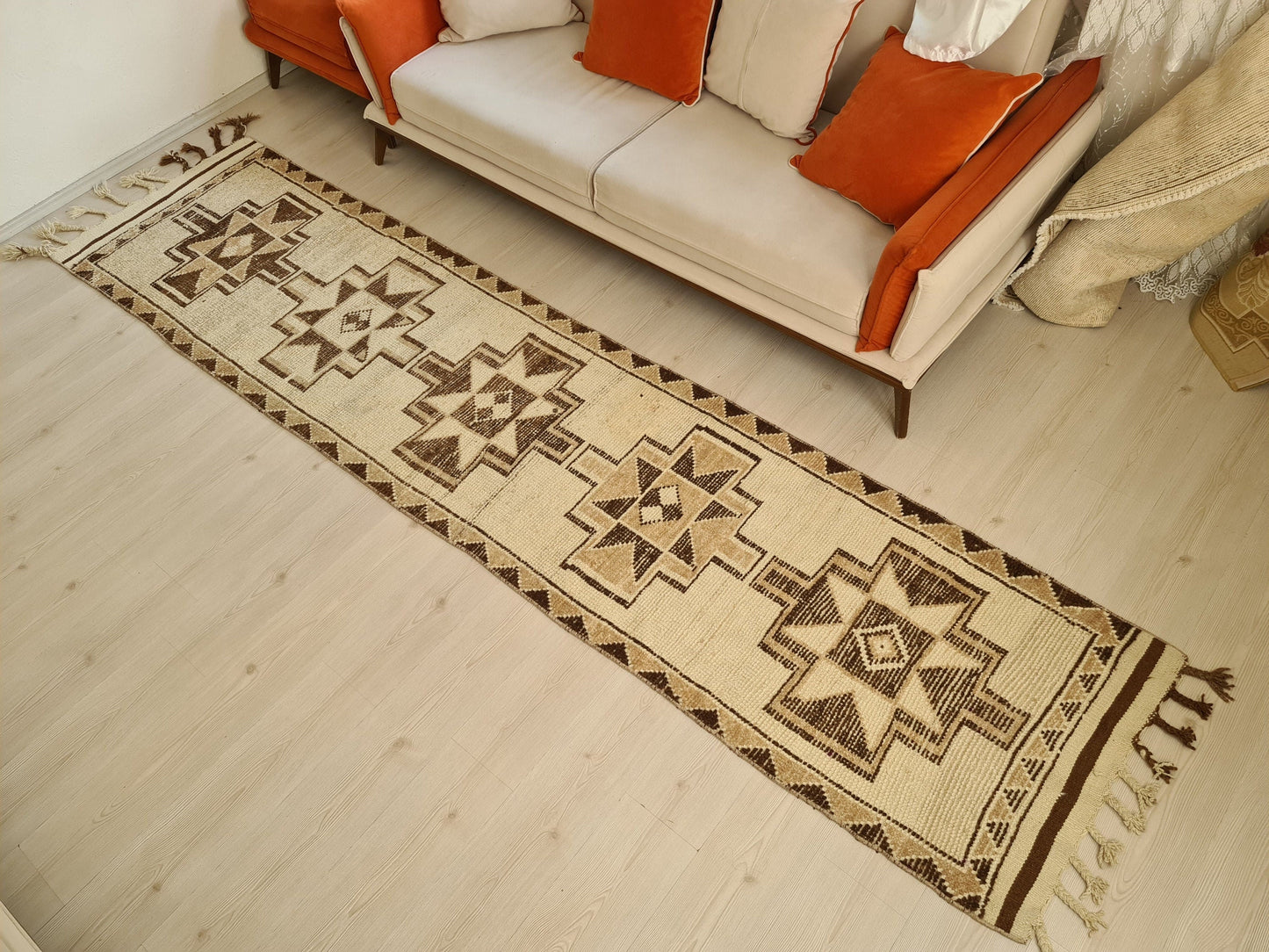 Neutral Runner Rug/ 2.7 X 11.75 feet/ Hand Knotted Wool Moroccan Runner Rug